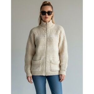 Vintage Jones New York Angora Wool Cream Knit Full Zip Cardigan Sweater Large